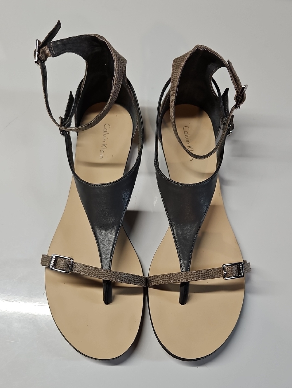 Calvin Klein Gray  T-Strap Leather Sandals Size 9